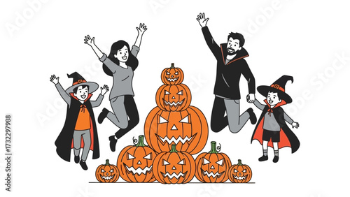 Halloween Family Portrait: A cartoonish family dressed in whimsical Halloween attire enthusiastically celebrates the season with jack-o'-lanterns.