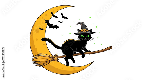 Halloween Cat's Lunar Flight: A whimsical illustration of a black cat, adorned with a witch hat, soaring gracefully on a broomstick against the backdrop of a crescent moon and silhouettes of bats.