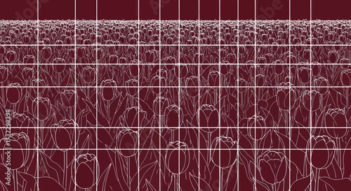 Grid of maroon tulips, some outlined in white