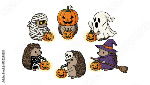 Halloween Hedgehog Ensemble: A whimsical assembly of hedgehogs, each costumed and carrying lanterns. These adorable creatures evoke the spooky charm of Halloween.
