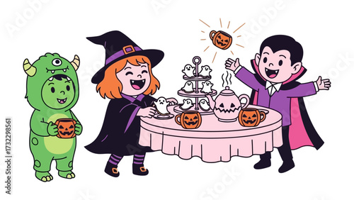 Spooky Halloween Delight: A trio of adorable children dressed in delightful costumes gather around a whimsical tea party table adorned with thematic treats.