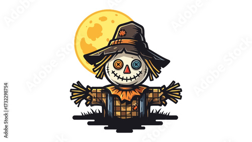 Whimsical Scarecrow: A charming illustration of a scarecrow against a glowing moon, radiating the whimsical spirit of autumn. 