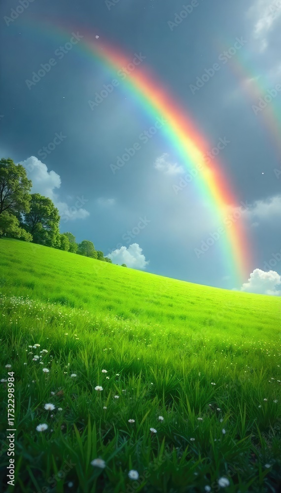 Obraz premium Vibrant Rainbow Arching Over Lush Green Landscape with Dew-Covered Field
