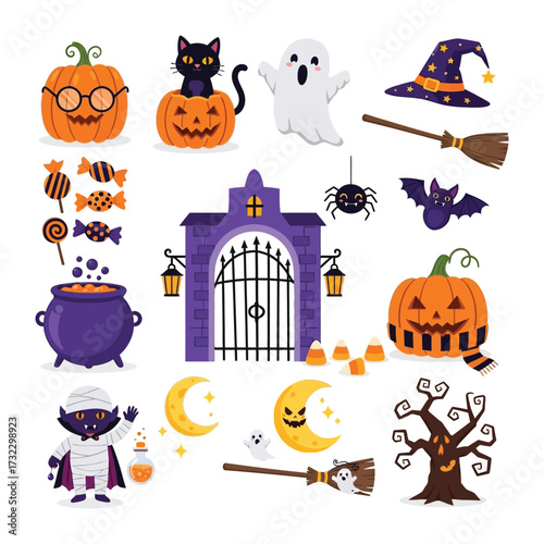 Halloween Spooky Element Collection: A spooky yet cute element in the Halloween set with smiling pumpkin, flying ghost, wizard hat, and adorable black cat in pumpkin.