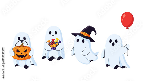 Spooky Specters: A collection of playful ghost characters, each adorned with festive Halloween props, exudes a cheerful yet eerie charm, creating a unique depiction of ghostly delight.