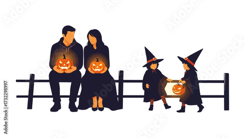 Halloween Silhouette Family: A family, illuminated by jack-o'-lanterns, enjoying the festive atmosphere of Halloween, with children in costumes and a rustic fence enhancing the autumnal mood.