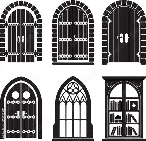 Arched doors and a bookshelf wooden metal