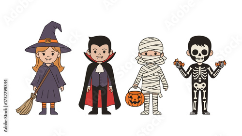 Halloween Costume Party: A playful cartoon captures the magic of Halloween, showcasing a witch, vampire, mummy, and skeleton, each decked out in their unique costumes.