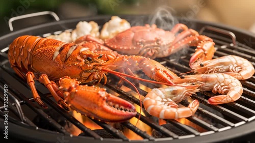 Wallpaper Mural Close-up shot of various seafood items grilling on a barbecue, with steam rising. Torontodigital.ca