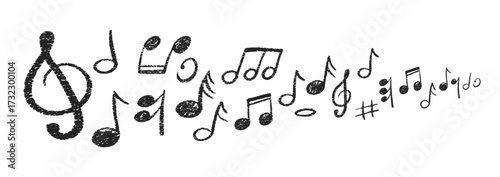 Set of hand drawn music notes with crayon, pastel or chalk texture. Monochrome musical notes wave. Cute doodle elements for kids or decorations. Vector illustration.