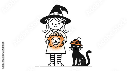 Halloween Witch with Pumpkin: A whimsical illustration of a witch with her black cat in a celebratory Halloween scene, a child dressed in a witch costume smiling with a carved pumpkin.