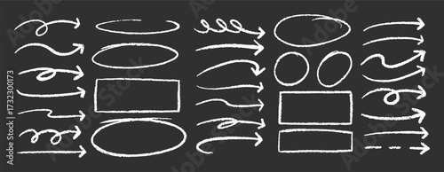 Set of arrows, ovals and square with crayon, chalk and marker texture. Grainy design elements for study or diary. Black vector illustration on a blackboard.