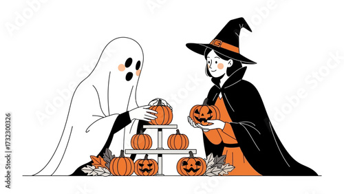 Halloween Pumpkin Decorating Fun: A friendly ghost and a witch collaborate in the spooky spirit of Halloween, meticulously arranging and admiring carved pumpkins in a fun and creative scene.