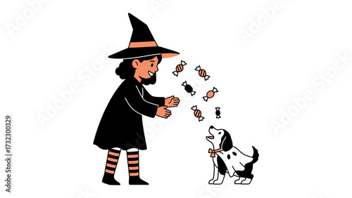Halloween Magic: a child in a witch costume casts a spell over a dog for sweets and candies