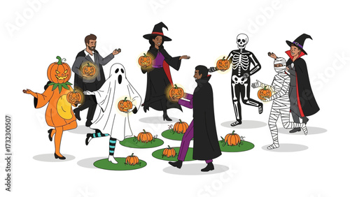 Halloween Costumes Gathering: A vibrant illustration of a diverse group of individuals dressed in an array of Halloween costumes, gathered together with pumpkins in a celebratory fashion.