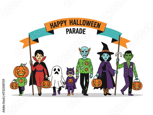 Halloween Parade Characters: A whimsical and spooky procession of classic Halloween characters, including a vampire, a ghost, a witch, and monsters, happily marches in a parade.