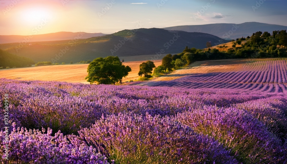 Obraz premium Vast Lavender Fields Blanket The Rolling Hills Their Vivid Purple Blossoms Beautifully Illuminated By The Golden Afternoon Sun