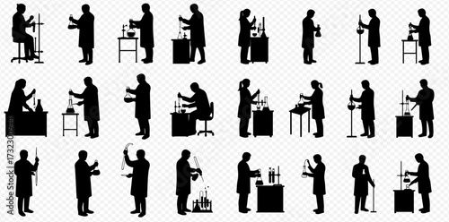 Black silhouettes of scientists and lab technicians performing diverse experiments and research tasks with various laboratory equipment.