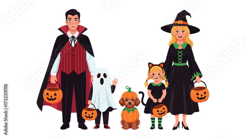 Halloween Costume Family Portrait: A festive family, donned in an assortment of creative Halloween costumes, joyfully gather.
