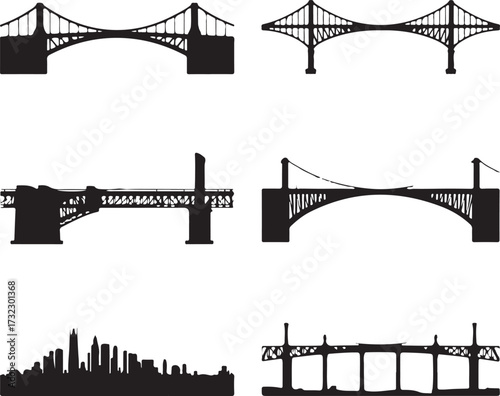 Black bridge silhouettes and city skyline suspension bridge