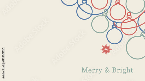 A christmas card with ornaments in red blue and green on a cream background with merry and bright text