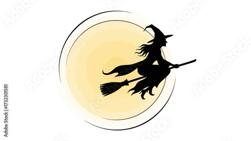 Witch Silhouette Against Moon: A whimsical silhouette of a witch soars across the night sky on her broomstick, set against the backdrop of a full moon.
