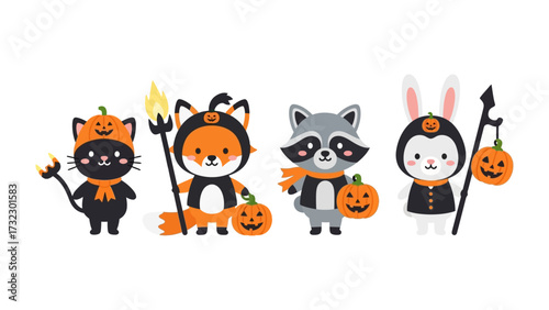 Spooky Creatures Celebrating Halloween: An adorable ensemble of cartoon animals, dressed in charming Halloween costumes, brings a playful and festive spirit to the holiday celebration.