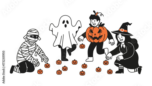 Spooky Fun: A lively gathering of youngsters, each donned in an assortment of Halloween costumes and playfully interacting with miniature pumpkins, is captured in a cheerful illustration.
