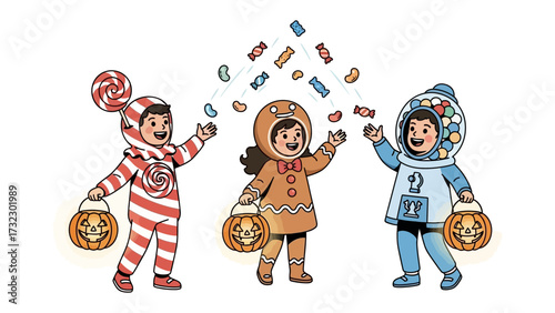 Halloween Joy: Adorable children in festive Halloween costumes, gleefully catching falling candies and showcasing a pure and playful spirit.