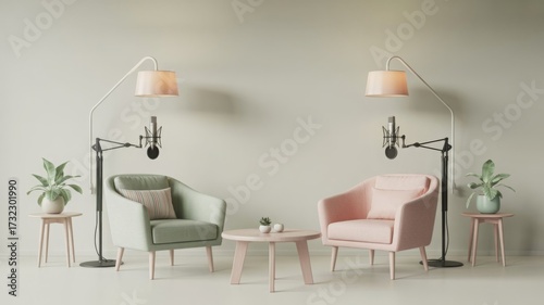 Professional Nordic-style podcast studio setup with two armchairs, microphones, floor lamps, and a small table.