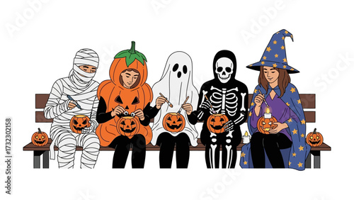 Enchanting Halloween Gathering: A festive group of children in creative costumes, seated together on a bench, each holding a carved pumpkin lantern.