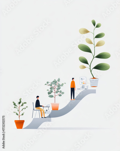 Infographic of career progress and personal development with people on stairs. Each stage shows growing plant symbolizing achievement, success, and hopeful future outlook
