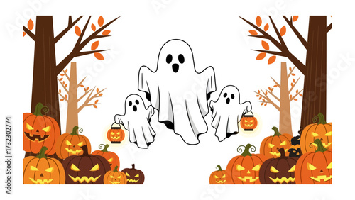 Spooky Halloween Gathering: A playful illustration of a trio of cheerful ghosts, illuminated by jack-o'-lanterns and framed by trees and grinning pumpkins.