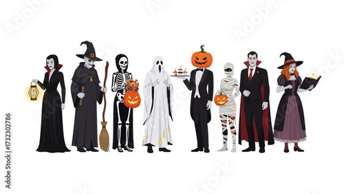 Halloween Costume Parade: A whimsical lineup of classic Halloween characters, each adorned in an eye-catching costume, evokes the spooky yet jovial spirit of the season.