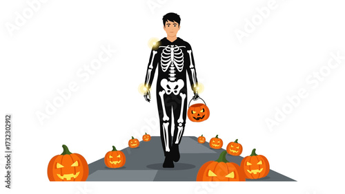 Spooky Halloween Stroll: A young person in a skeletal costume enjoys a Halloween parade along a path, collecting treats from jack-o'-lanterns and enjoying the atmosphere.
