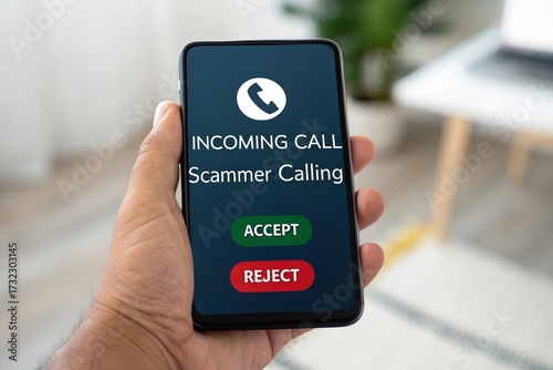 Smartphone screen displaying 'INCOMING CALL' and 'Scammer Calling' holds by a male hand. Scam caller and fraud concept