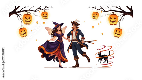 Halloween Couple's Enchanted Dance: A charming cartoon depicts a fairy and a pirate hand in hand dancing, with a black cat. Lanterns illuminate the atmosphere, with magical ambiance. 