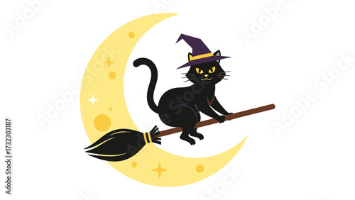 Spooky Halloween Cat with Moon: A whimsical black cat, donned in a pointy witch's hat, rides a broomstick against a crescent moon backdrop, evoking the spirit of Halloween.