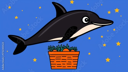 Playful Dolphin Leaping Over Oranges in a Starry Night