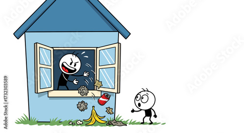 A comical depiction of environmental neglect, where one stick figure carelessly litters from a