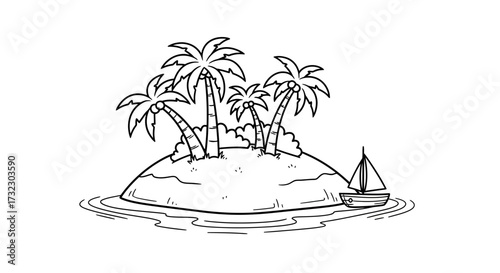 A charming monochrome illustration depicting a deserted island with swaying palms and a sailboat