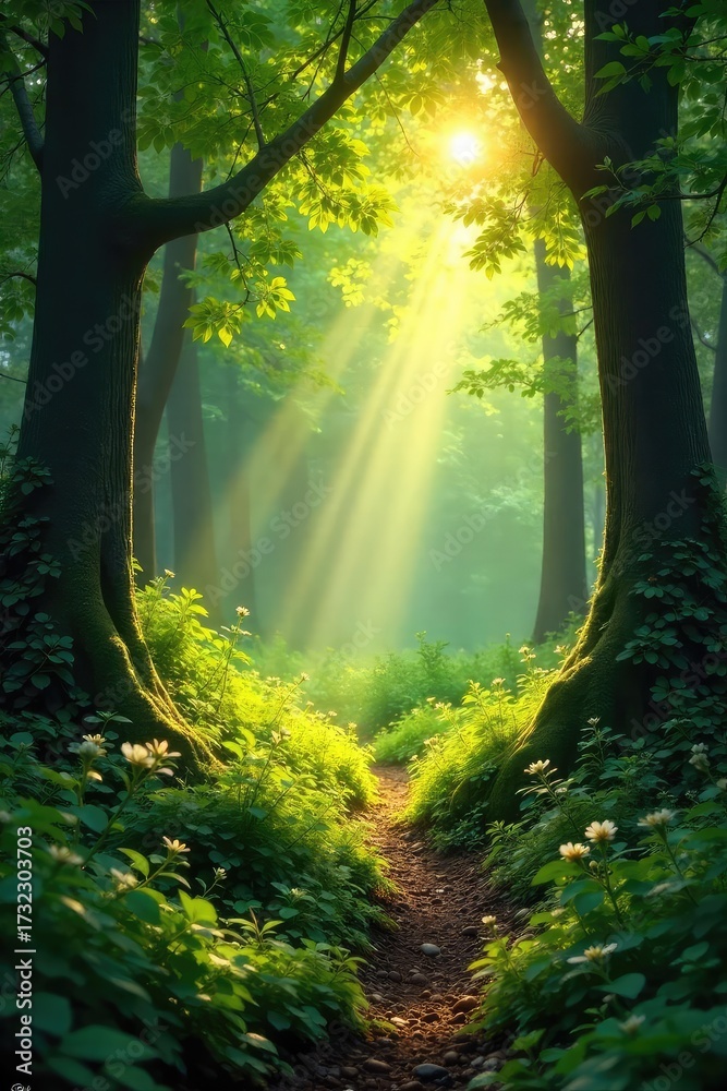 Obraz premium Golden sunlight streams through the leaves of a lush green forest, dappling the forest floor A magical, peaceful scene perfect for nature lovers and fantasy settings , ecology, undergrowth
