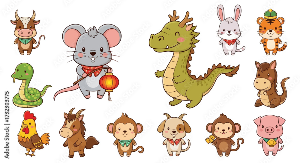 Obraz premium Adorable cartoon depiction of the twelve chinese zodiac animals for festive themed designs