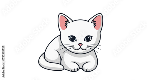 Adorable cartoon depiction of a pristine white kitten with curious, attentive gaze