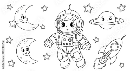 Adorable astronaut amidst celestial bodies: a playful line art adventure awaits coloring