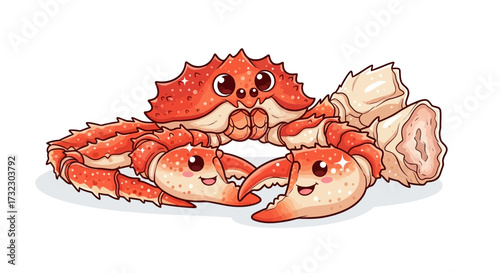 Adorable cartoon king crab illustration with big eyes and smiling claws resting on a white