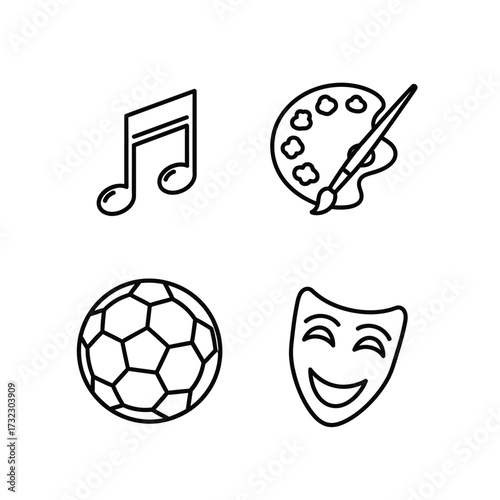 Set of linear icons for creative arts, sports, and leisure activities. (8)