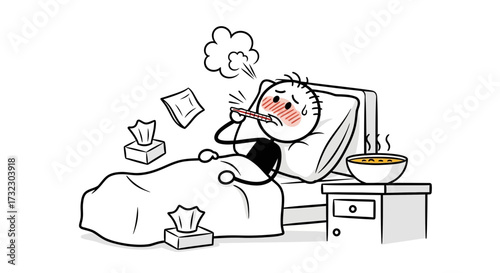 Ailing stick figure illustration depicting sickness, treatment, and cozy convalescence in bed