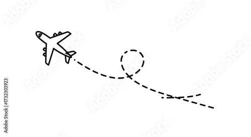 Airplane trajectory illustration showing a looped flight path on white background