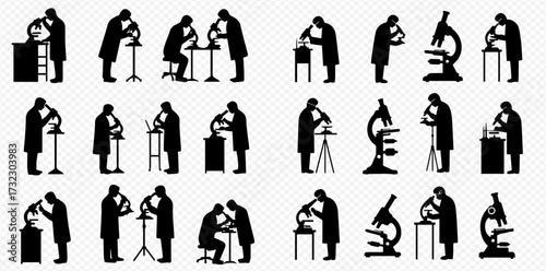 A comprehensive set of black silhouettes featuring scientists and researchers actively engaged with microscopes in a laboratory environment.